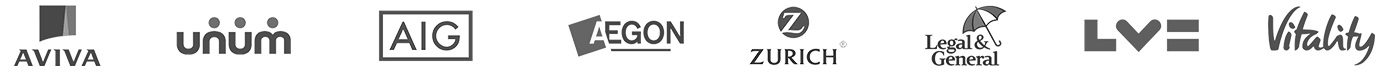 Logos of insurance providers including Aviva, Unum, AIG, Aegon, Zurich, Legal & General, LV=, and Vitality, representing various protection insurance options.